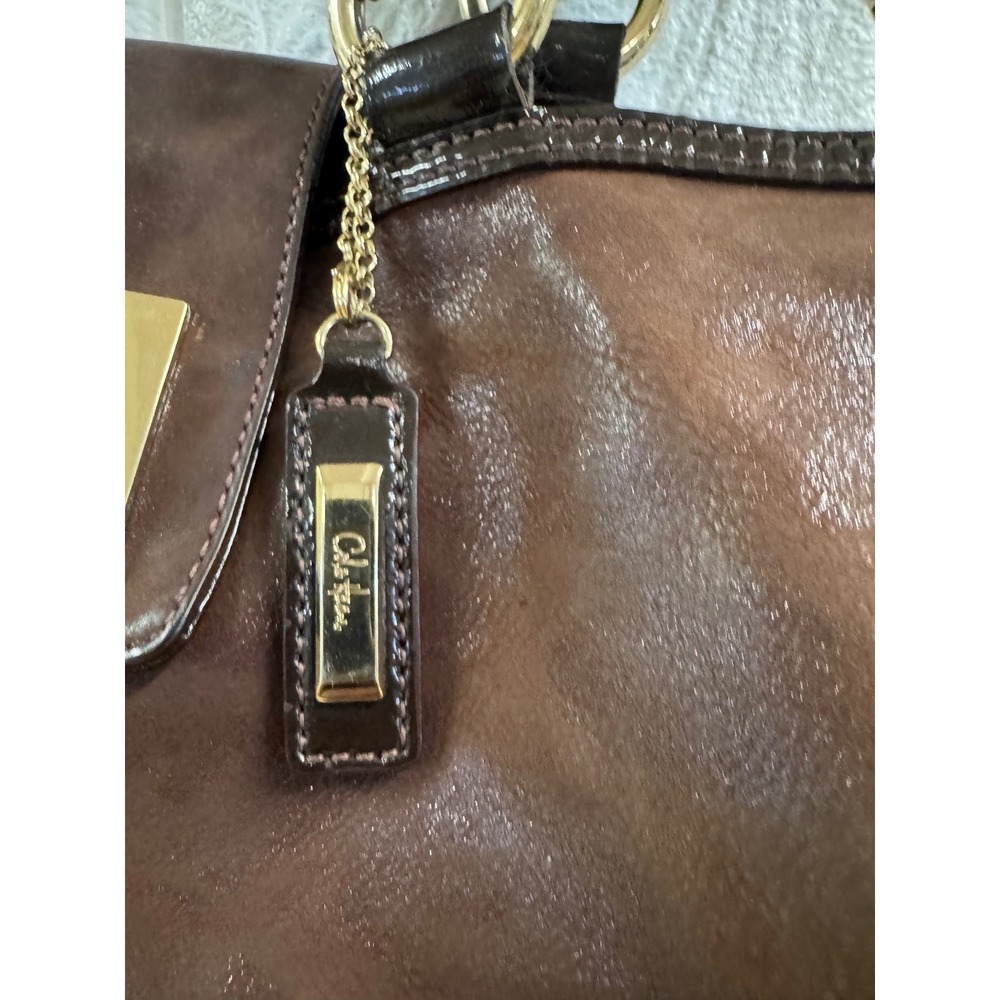 Cole Haan Brown Leather Hobo Bag Patent Trim Crossbody Shoulder Handbag GoldTone - Picture 7 of 8